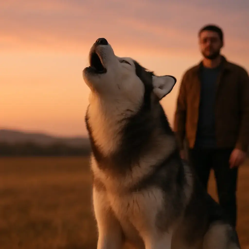 Os Mistérios do Uivo homem com seu cachorro loga na frente dele uivando