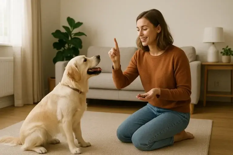 Adestramento de Cães - Mulher adestrando seu cachorro em casa