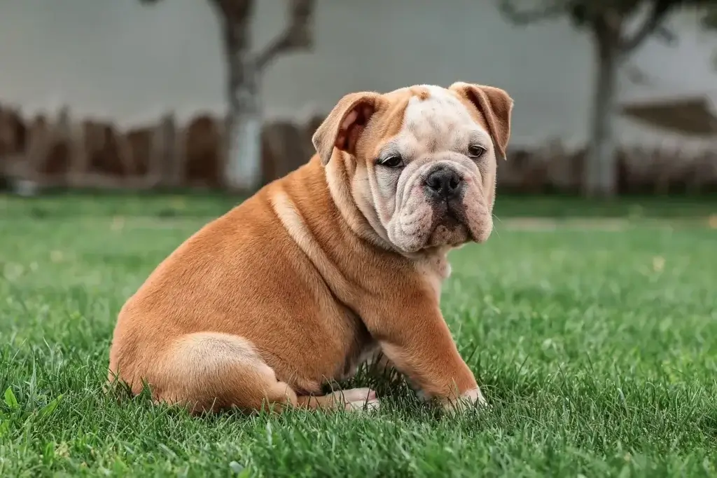 Bulldog Inglês: O Gigante Gentil de Coração Dócil 1 Um belo Bulldog Inglês sentado na grama