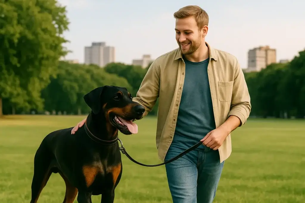 Doberman: Inteligência, Lealdade e Proteção em um Companheiro Elegante 1 Doberman: Inteligência, Lealdade e Proteção em um Guia Completo da Raça ao lado do seu tutor que está acariciando ele