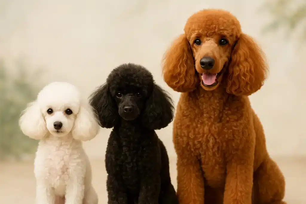 Poodle: O Guia Completo sobre Saúde e Cuidados para Seu Pet 1 3 cachorros da raça Poodle olhando o observador