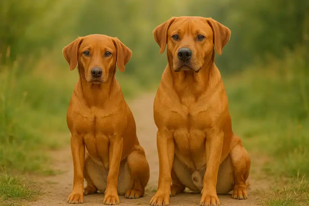 Quantas vezes o cachorro cruza por dia cachorro e cadela lado a lado en um trilho, ambos sentados olhando para o observador