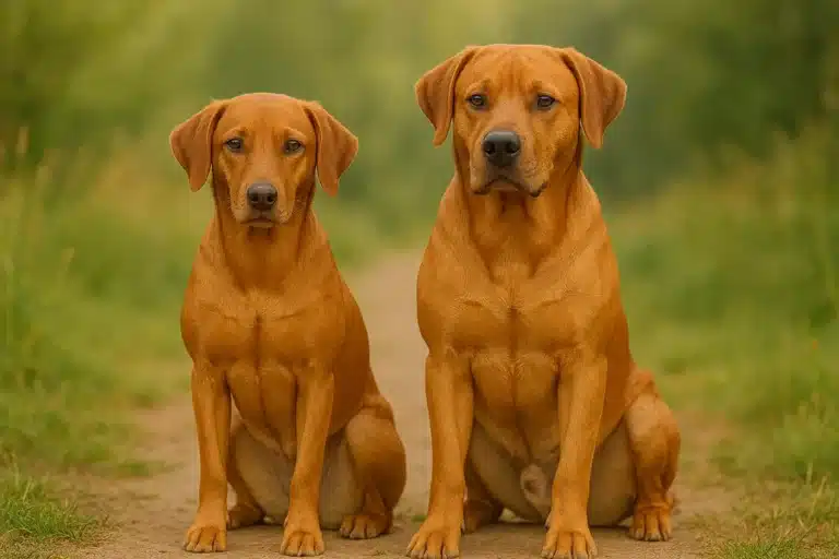 Quantas vezes o cachorro cruza por dia cachorro e cadela lado a lado en um trilho, ambos sentados olhando para o observador
