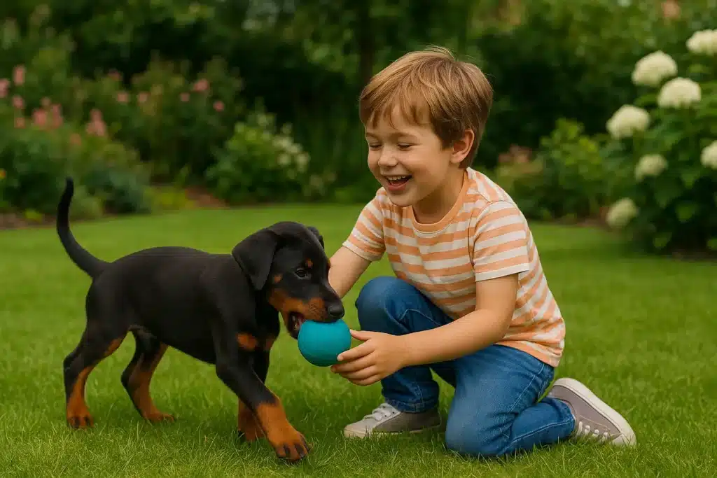 Um filhote de Doberman pequeno brincando com uma criança em um jardim, em uma imagem ampla e horizontal que capta a interação gentil e feliz entre eles.
