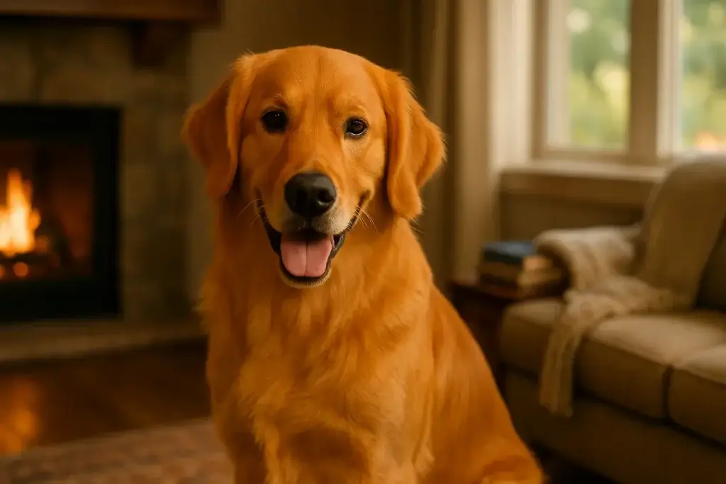 Golden Retriever Americano sentado no chão de uma casa olhando o espectador