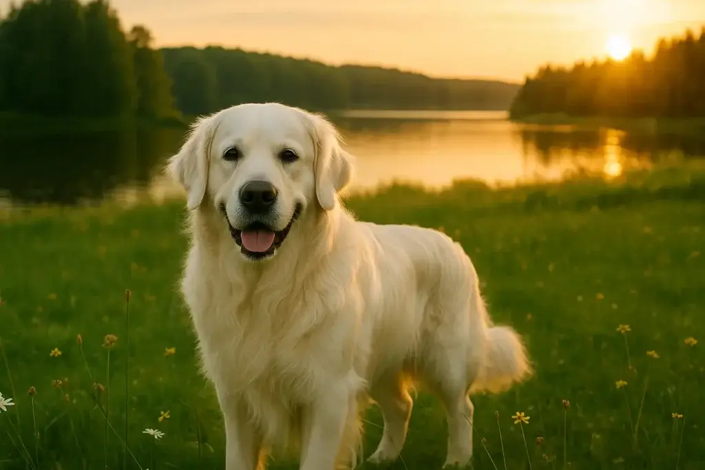 Golden Retriever Adulto: O Companheiro Ideal para Diversão e Saúde 1 Golden Retriever Branco em um gramado com o rio ao fundo olhando o espectador
