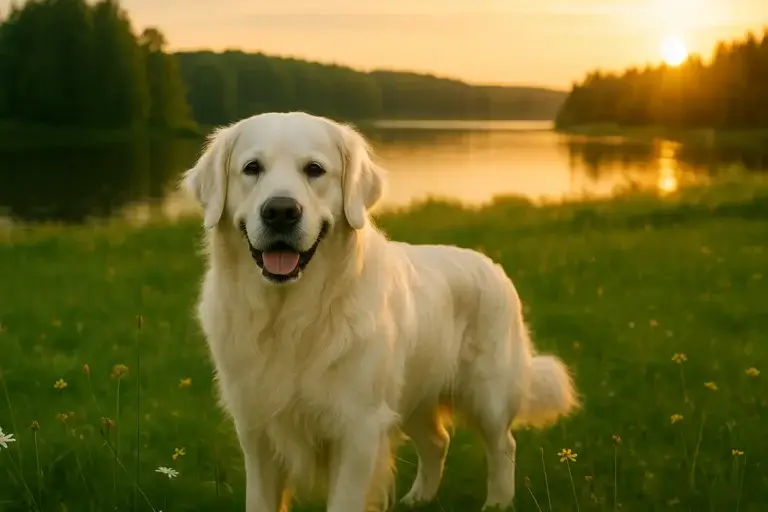 Golden Retriever: Guia Completo da Raça | Universo Canino 5 Golden Retriever Branco em um gramado com o rio ao fundo olhando o espectador
