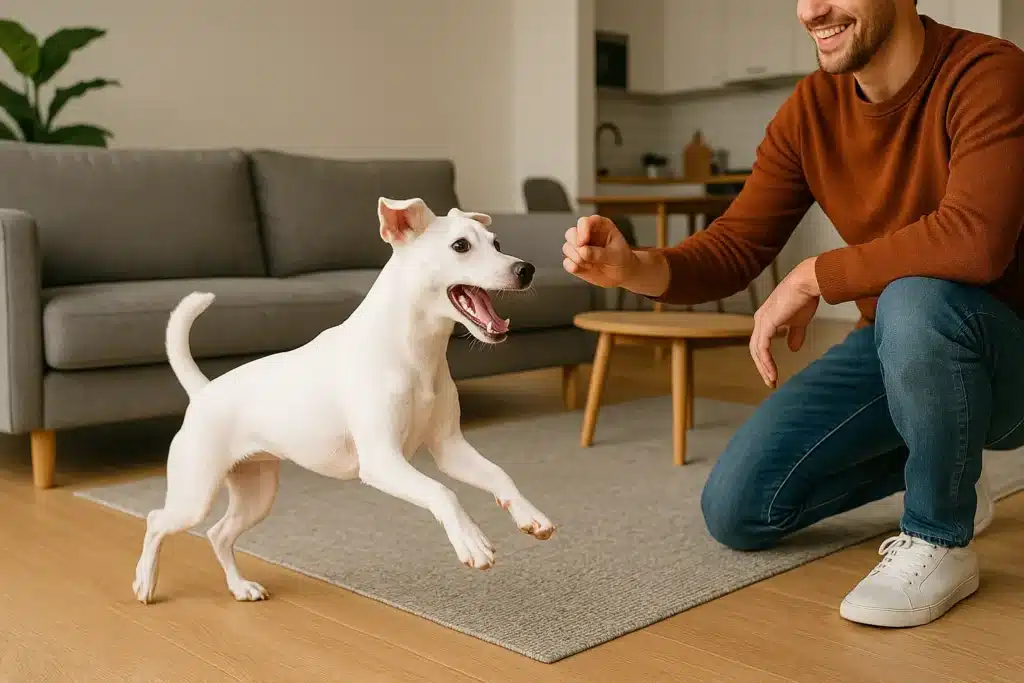 Pinscher Branco: Tudo o Que Você Precisa Saber Sobre Esta Raça Rara Uma cena de brincadeira animada onde um pinscher branco interage com seu dono em um apartamento moderno. A imagem horizontal deve focar na energia e na alegria do cão em um ambiente doméstico.