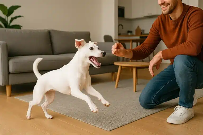 Pinscher Branco: Tudo o Que Você Precisa Saber Sobre Esta Raça Rara Uma cena de brincadeira animada onde um pinscher branco interage com seu dono em um apartamento moderno. A imagem horizontal deve focar na energia e na alegria do cão em um ambiente doméstico.