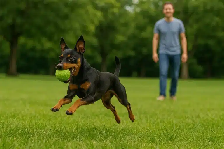 Pinscher Miniatura: O Guia Completo para Cuidar do Seu Rei Canino Um pinscher miniatura brincalhão correndo em um parque com uma bola, com seu dono observando ao fundo. A imagem deve ser horizontal e capturar a agilidade e a energia do cão.