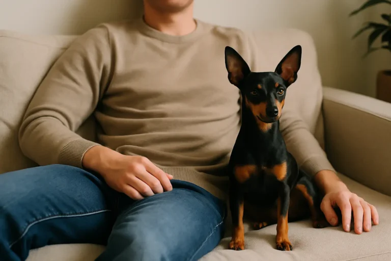 Pinscher Puro: Guia Completo sobre Características m pinscher puro sentado lealmente ao lado de seu tutor, que está relaxando em um sofá