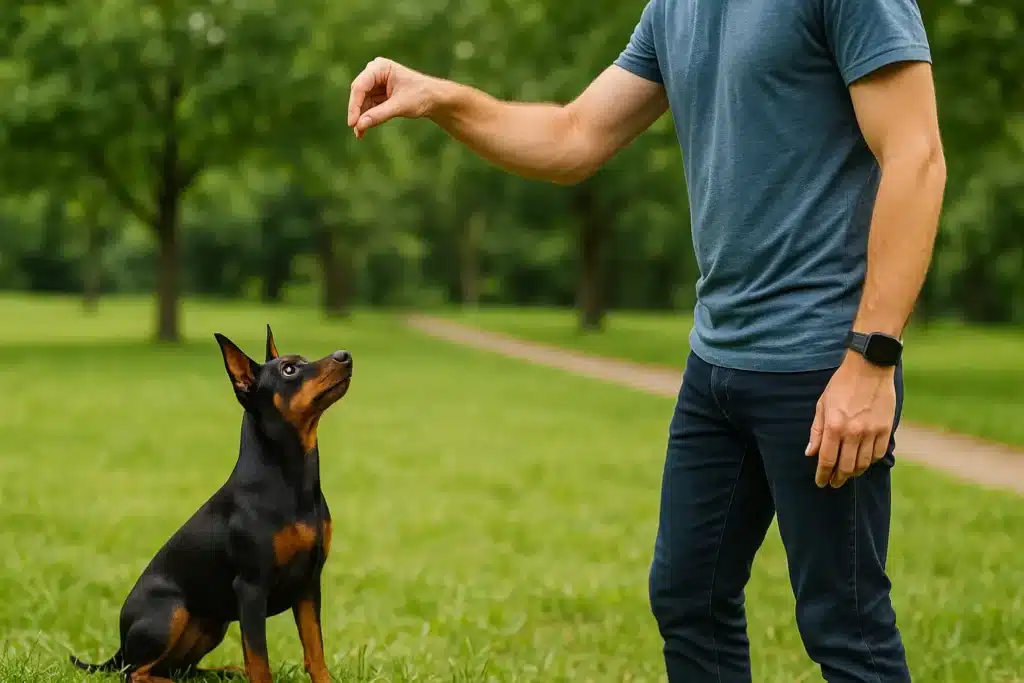 Pinscher Verdadeiro: O Guia Completo para o Melhor Companheiro Canino Uma cena de treino em um parque, onde o pinscher verdadeiro está atendo ao seu tutor