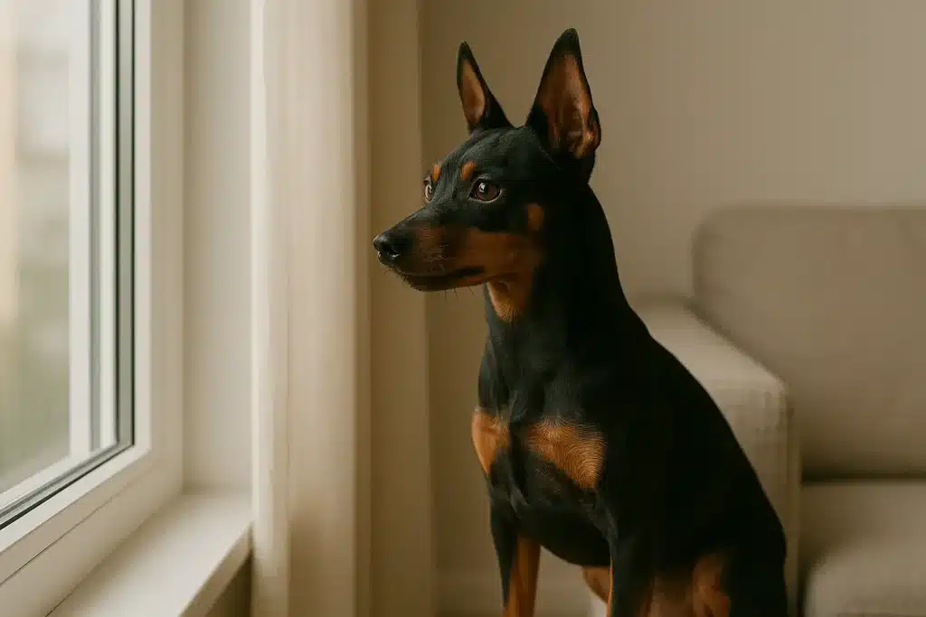 Pinscher Miniatura: O Guia Completo para Cuidar do Seu Rei Canino 2 Pinscher na janela
Um pinscher miniatura em uma pose de alerta, com suas orelhas eretas, observando algo pela janela. A imagem deve capturar sua personalidade de "cão de guarda" em um ambiente doméstico.