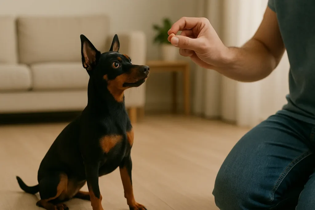 Pinscher Miniatura: O Guia Completo para Cuidar do Seu Rei Canino 1 Pinscher petisco
Uma cena de treinamento onde um pinscher miniatura está sentado e atento, olhando para seu tutor com um petisco na mão, em um ambiente interno. A foto deve ser nítida e mostrar o foco do cão.