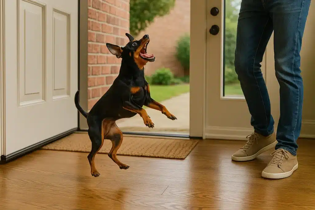 Porque Pinscher Treme: Entenda as Causas e Como Ajudar Seu Pet Um pinscher em um momento de pura excitação, tremendo e pulando de alegria ao ver seu dono voltando para casa, em uma imagem dinâmica e cheia de energia.