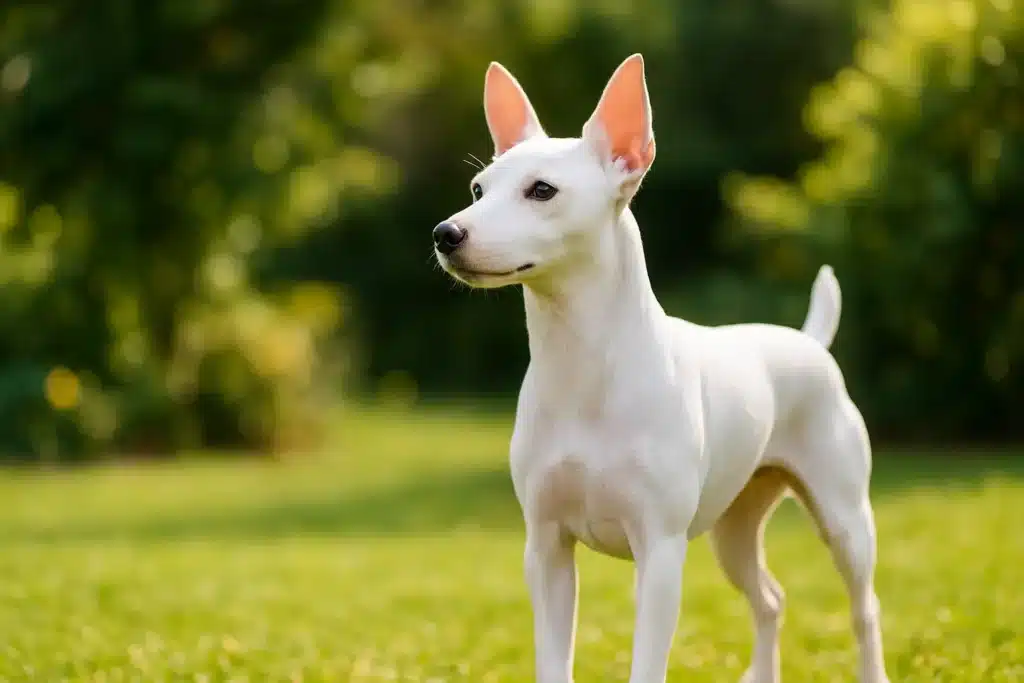 Pinscher Branco: Tudo o Que Você Precisa Saber Sobre Esta Raça Rara 1 Um pinscher branco adulto, com seu pelo liso e impecável, posando elegantemente em um jardim ensolarado
