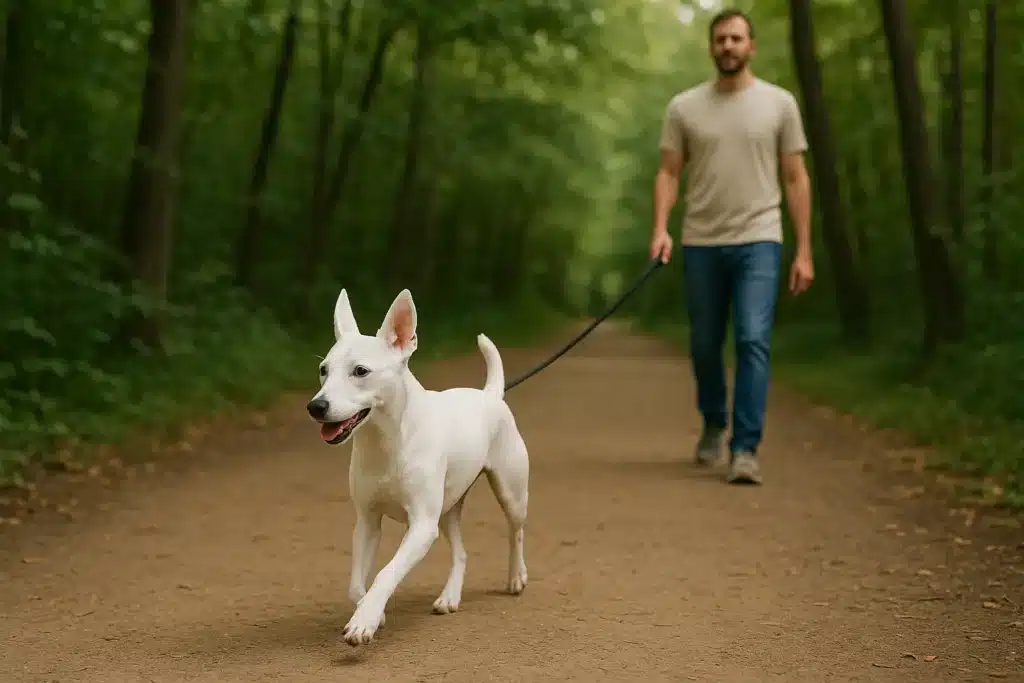 Pinscher Branco: Tudo o Que Você Precisa Saber Sobre Esta Raça Rara 3 Um pinscher branco e seu tutor em uma caminhada, em uma trilha arborizada