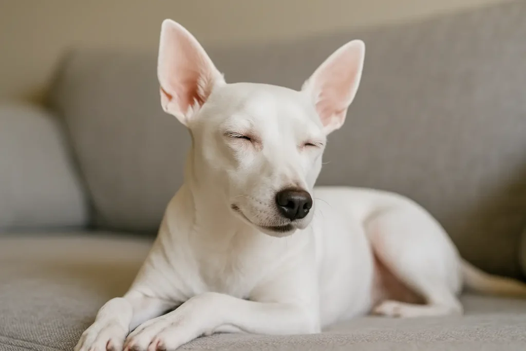 Pinscher Branco: Tudo o Que Você Precisa Saber Sobre Esta Raça Rara 2 Um pinscher branco relaxando em uma cama ou sofá confortável, com um close em sua expressão serena
