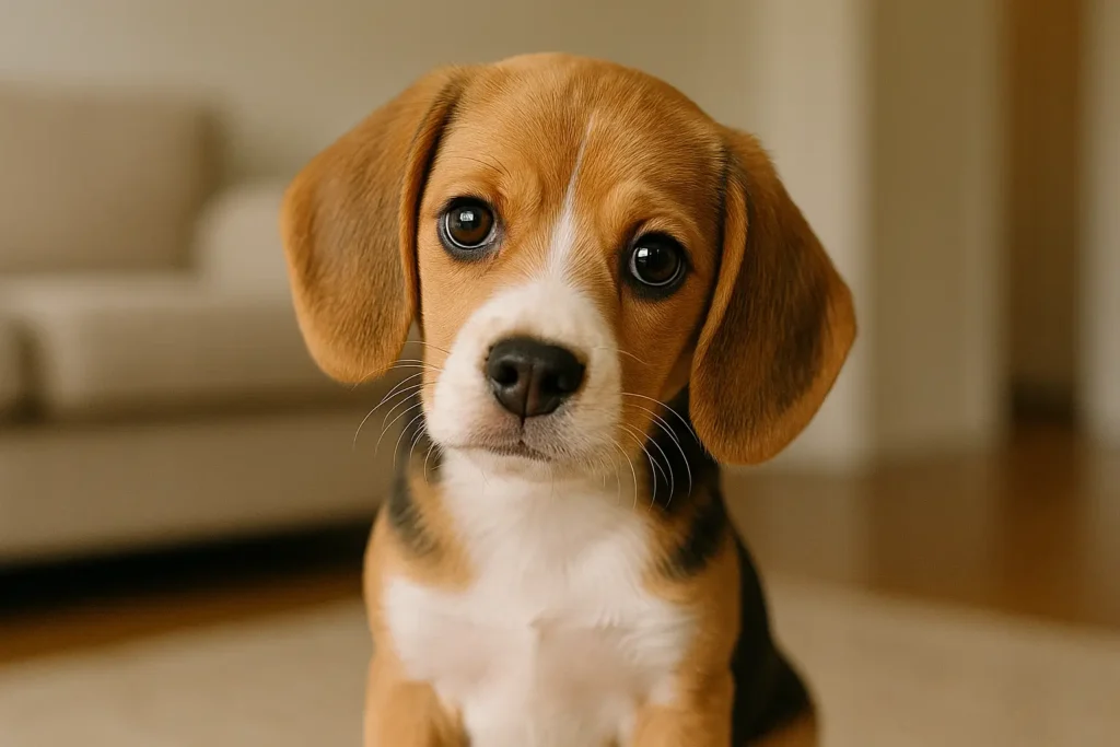 Beagle Mini: 5 Cuidados Essenciais para Seu Novo Melhor Amigo Um Beagle Mini fofinho com a cabeça inclinada e uma expressão curiosa
