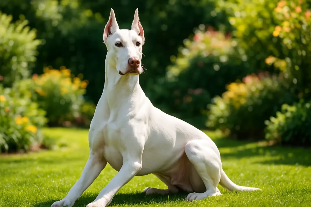 Doberman Branco: Características e Cuidados Essenciais para Seu Bem-Estar Um Doberman Branco adulto, com seu pelo impecável e brilhante, em uma pose imponente e elegante em um jardim ensolarado. A imagem horizontal deve capturar a beleza e a raridade da raça, com a luz do sol realçando a cor branca da pelagem.