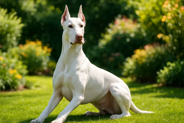 Doberman Branco: Características e Cuidados Essenciais para Seu Bem-Estar Um Doberman Branco adulto, com seu pelo impecável e brilhante, em uma pose imponente e elegante em um jardim ensolarado. A imagem horizontal deve capturar a beleza e a raridade da raça, com a luz do sol realçando a cor branca da pelagem.