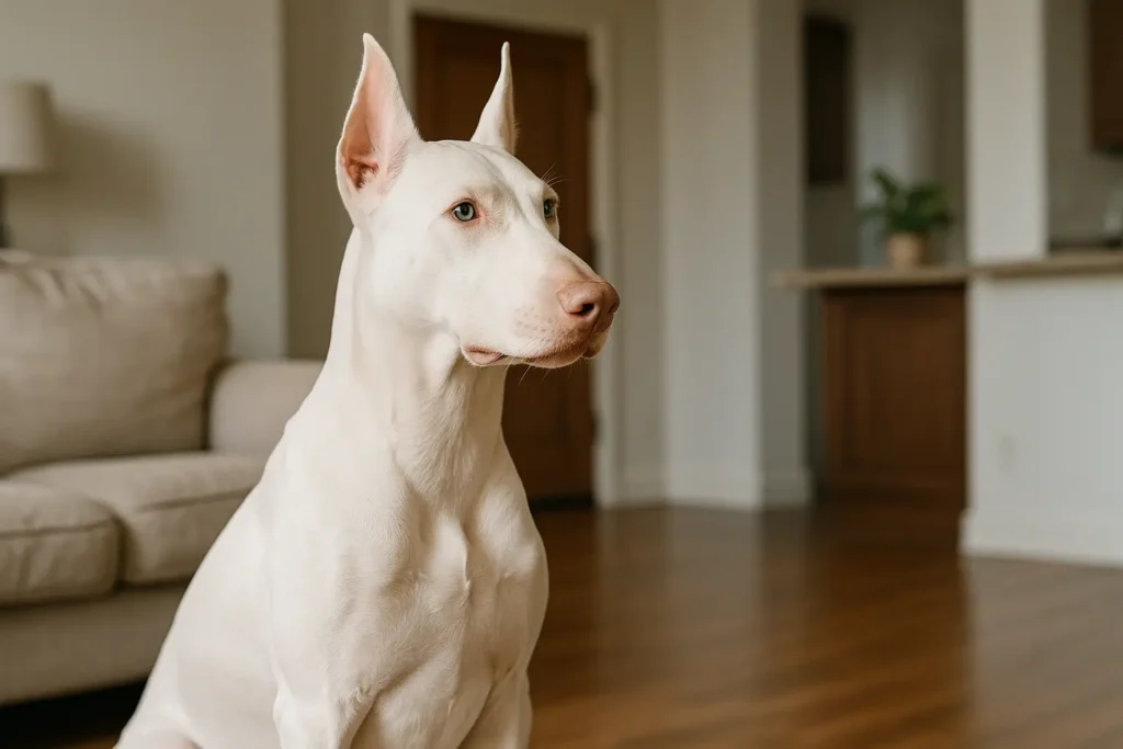 Doberman Branco: Características e Cuidados Essenciais para Seu Bem-Estar 2 Um Doberman Branco em uma pose de guarda, atento e vigilante, com uma expressão de inteligência e foco. A imagem deve ser horizontal, e pode ser ambientada em uma casa, para destacar a natureza protetora da raça.