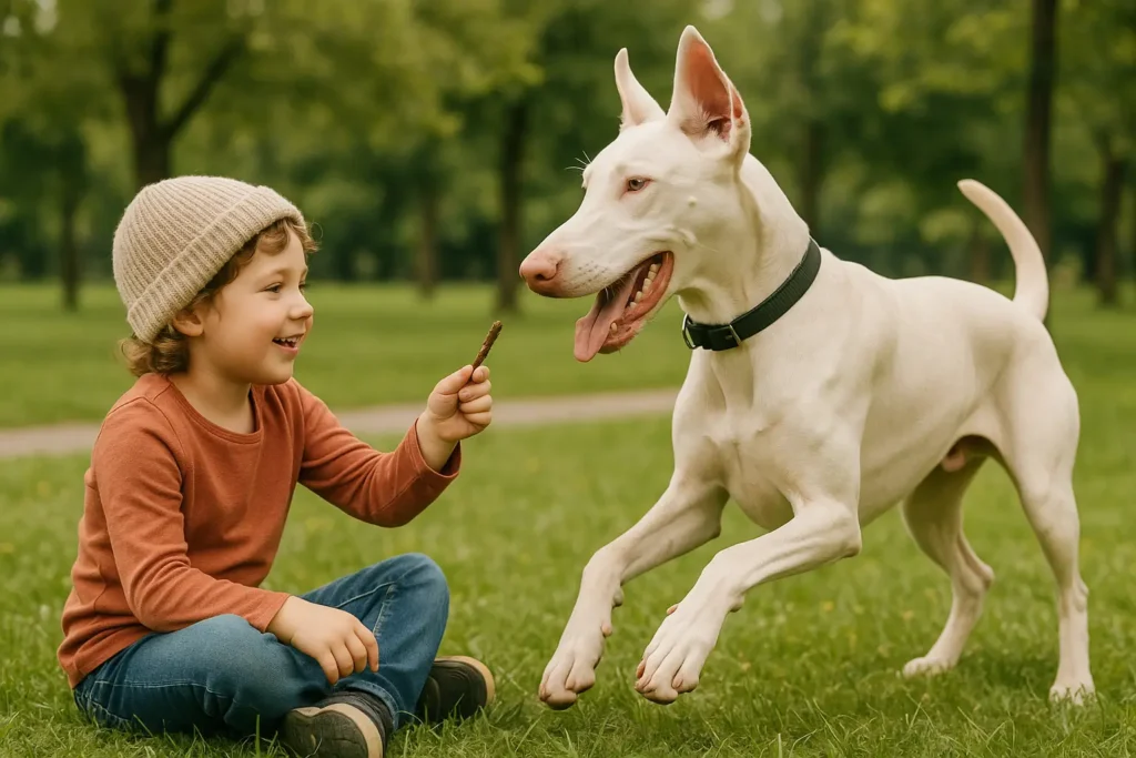 Doberman Branco: Características e Cuidados Essenciais para Seu Bem-Estar 1 Uma cena de brincadeira onde um Doberman Branco interage com uma criança em um parque. A foto, em formato horizontal, deve focar na natureza leal e protetora do cão, mostrando uma interação amigável e segura.