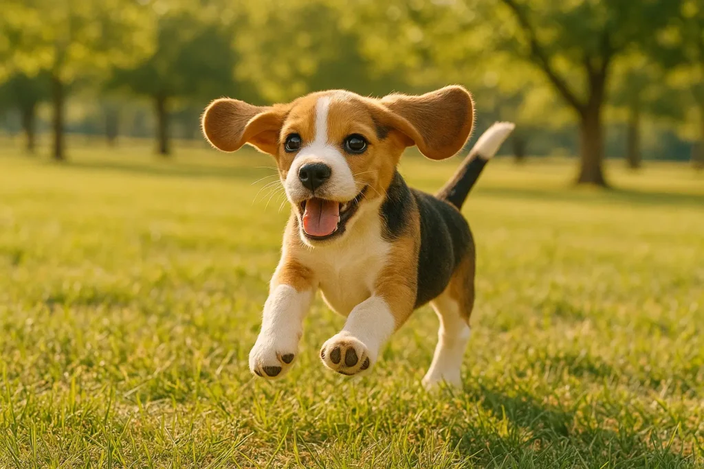 Beagle Mini: 5 Cuidados Essenciais para Seu Melhor Amigo 1 Uma cena dinâmica onde um Beagle Mini está correndo alegremente em um parque ensolarado, com as orelhas balançando.