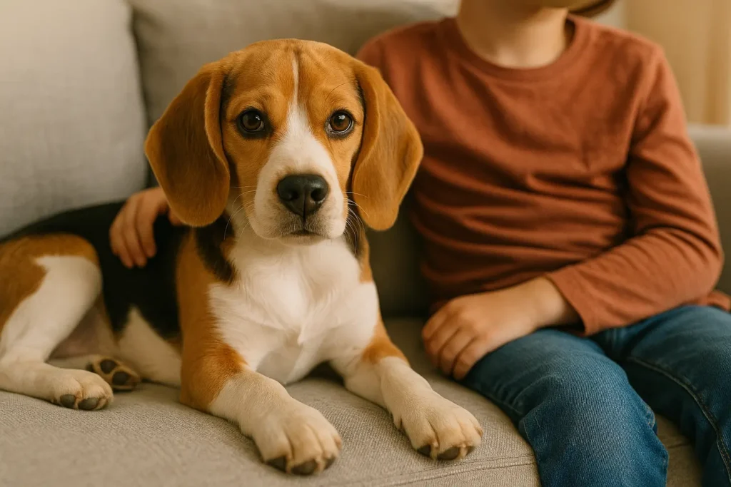 Beagle Mini: 5 Cuidados Essenciais para Seu Melhor Amigo 2 Uma foto de um Beagle Mini deitado confortavelmente no sofá, ao lado de uma criança ou adulto.